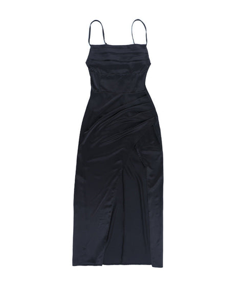 Effortlessly Chic Black Satin Slip Maxi Dress with High Slit & Ruching – Your Holiday Party & Special Occasion Essential
