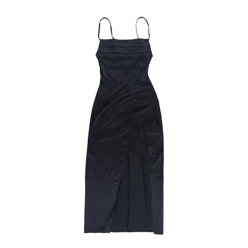 Effortlessly Chic Black Satin Slip Maxi Dress with High Slit & Ruching – Your Holiday Party & Special Occasion Essential