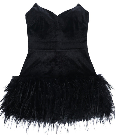 Chic Black Velvet & Feather Mini Dress - Your Holiday Party & NYE Showstopper