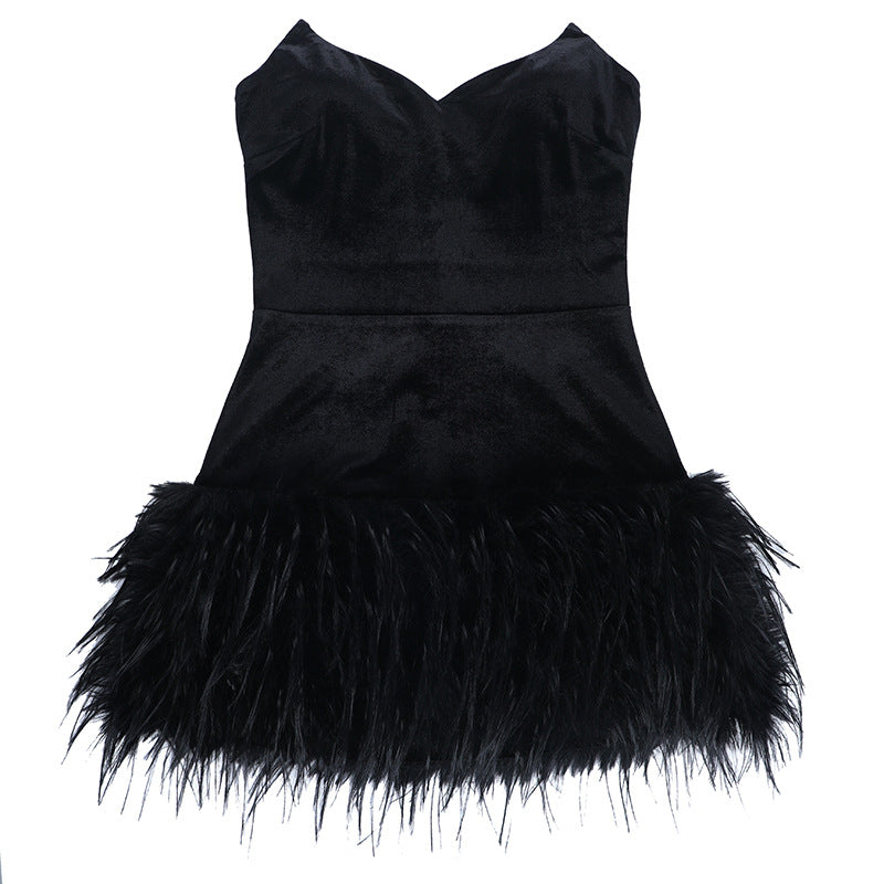 Chic Black Velvet & Feather Mini Dress - Your Holiday Party & NYE Showstopper
