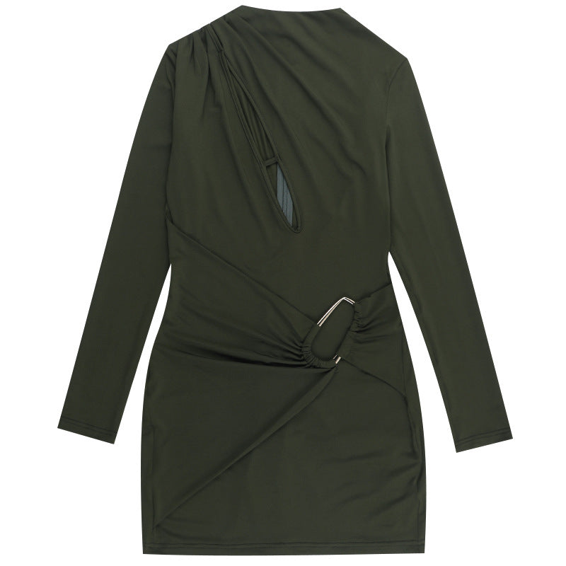 Chic Fall Nights: Olive Green Cut-Out Ruched Bodycon Mini Dress with Gold Accent