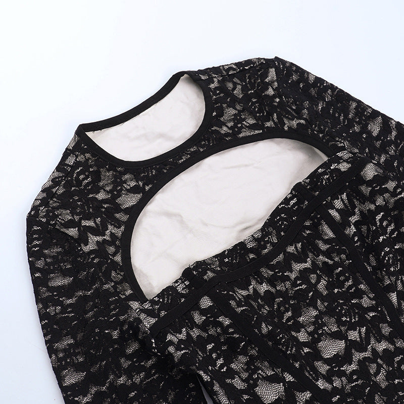 Chic Black Lace Corset Crop Top with Flared Bell Sleeves & Daring Cutout – Fall & Holiday Party Ready