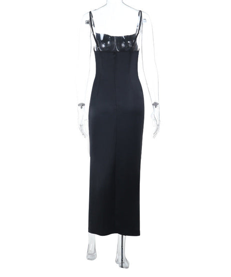 Effortlessly Chic Black Satin Slip Maxi Dress with High Slit & Ruching – Your Holiday Party & Special Occasion Essential