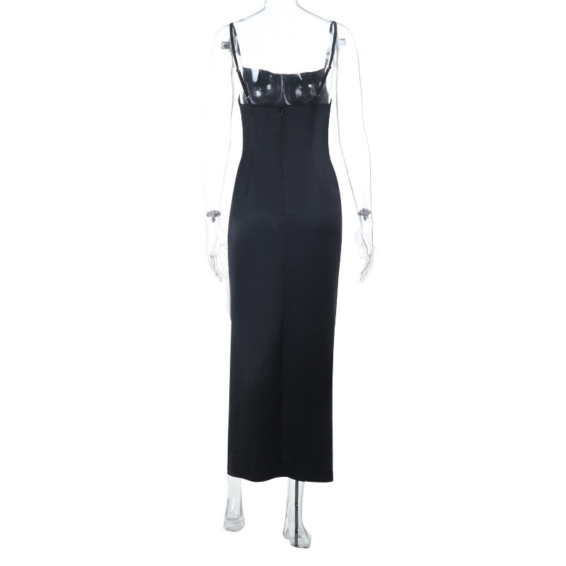 Effortlessly Chic Black Satin Slip Maxi Dress with High Slit & Ruching – Your Holiday Party & Special Occasion Essential