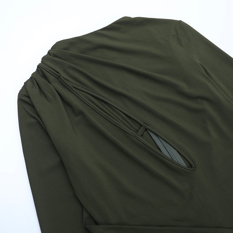 Chic Fall Nights: Olive Green Cut-Out Ruched Bodycon Mini Dress with Gold Accent