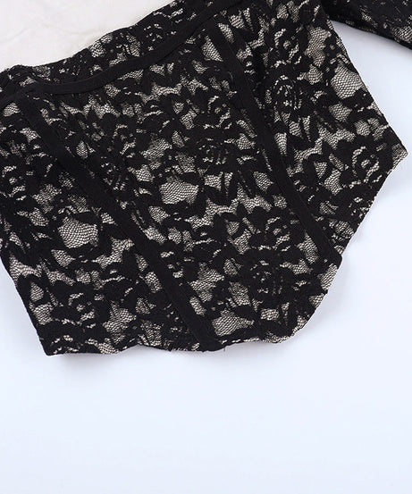 Chic Black Lace Corset Crop Top with Flared Bell Sleeves & Daring Cutout – Fall & Holiday Party Ready
