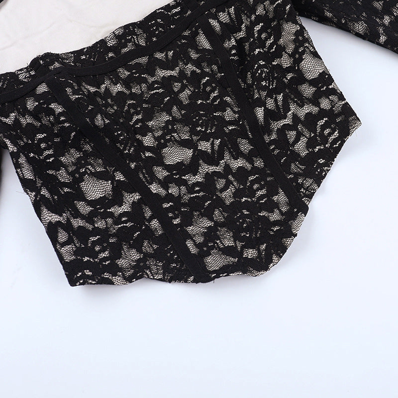 Chic Black Lace Corset Crop Top with Flared Bell Sleeves & Daring Cutout – Fall & Holiday Party Ready