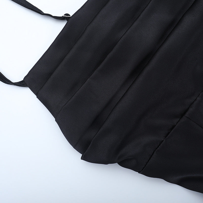 Effortlessly Chic Black Satin Slip Maxi Dress with High Slit & Ruching – Your Holiday Party & Special Occasion Essential