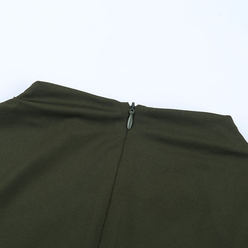 Chic Fall Nights: Olive Green Cut-Out Ruched Bodycon Mini Dress with Gold Accent