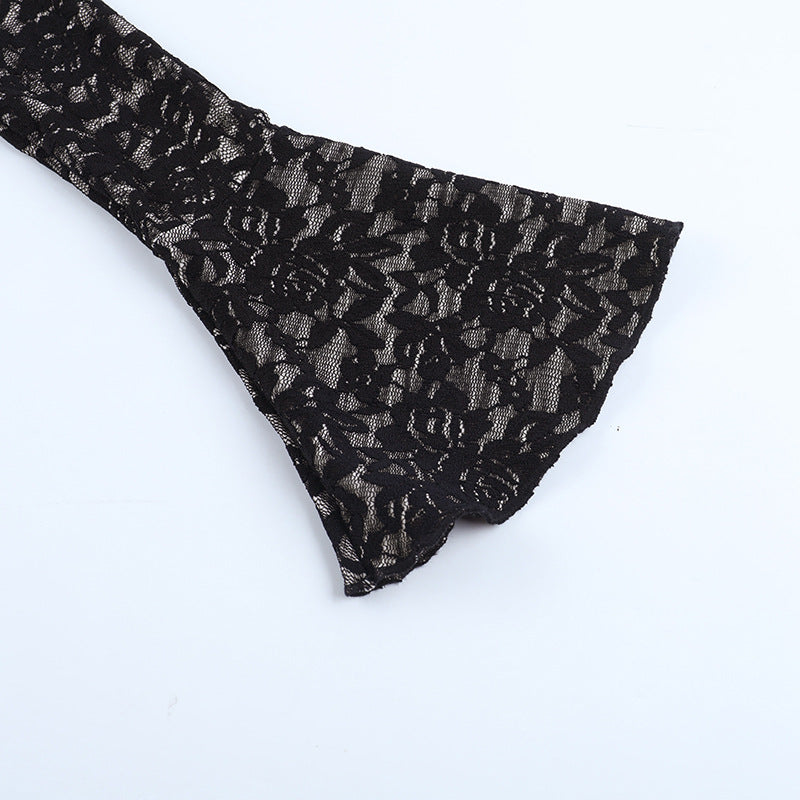 Chic Black Lace Corset Crop Top with Flared Bell Sleeves & Daring Cutout – Fall & Holiday Party Ready