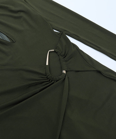 Chic Fall Nights: Olive Green Cut-Out Ruched Bodycon Mini Dress with Gold Accent