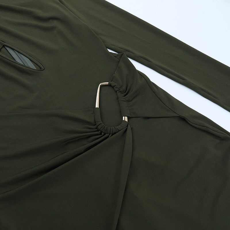 Chic Fall Nights: Olive Green Cut-Out Ruched Bodycon Mini Dress with Gold Accent