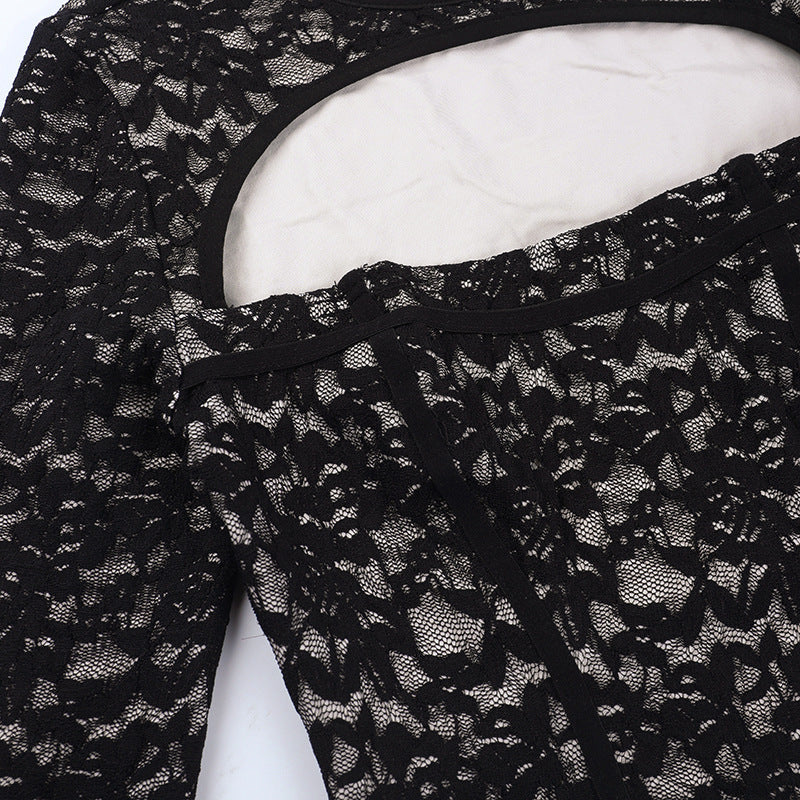 Chic Black Lace Corset Crop Top with Flared Bell Sleeves & Daring Cutout – Fall & Holiday Party Ready