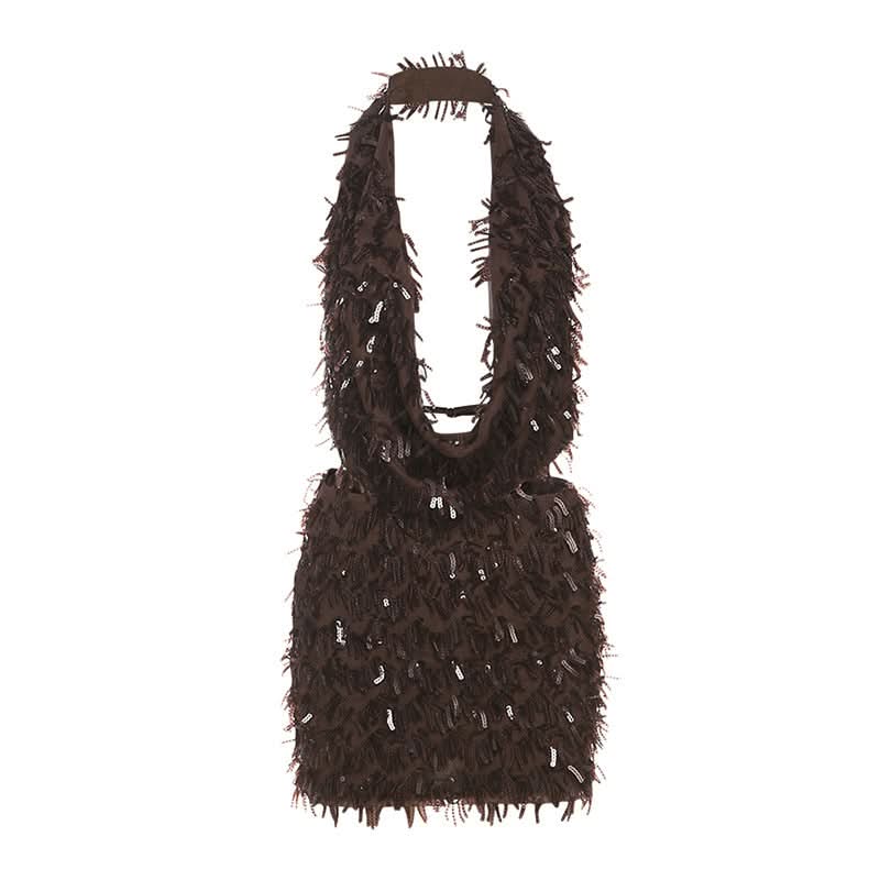 Dazzling Chocolate Fringe & Sequin Halter Mini Set - Your Fall & Holiday Party Statement