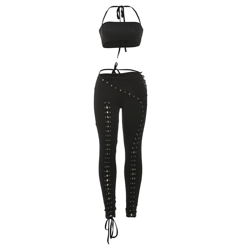 Edgy Lace-Up Halter Crop Top & Leggings Set - Perfect for Halloween & Fall Parties
