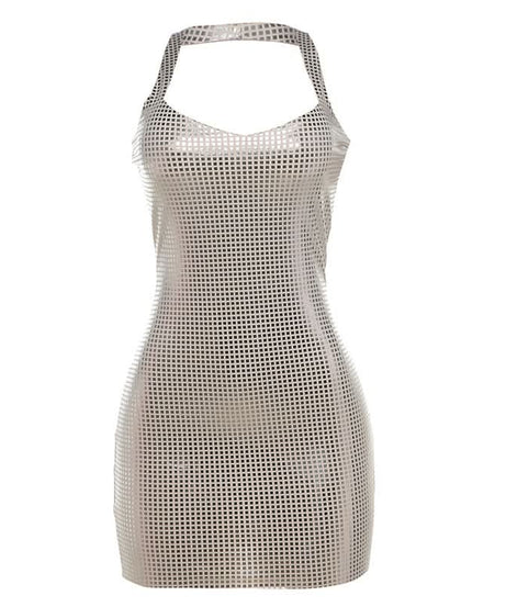 Dazzling Silver Grid Halter Mini Dress - Your Sparkle & Party Season Essential