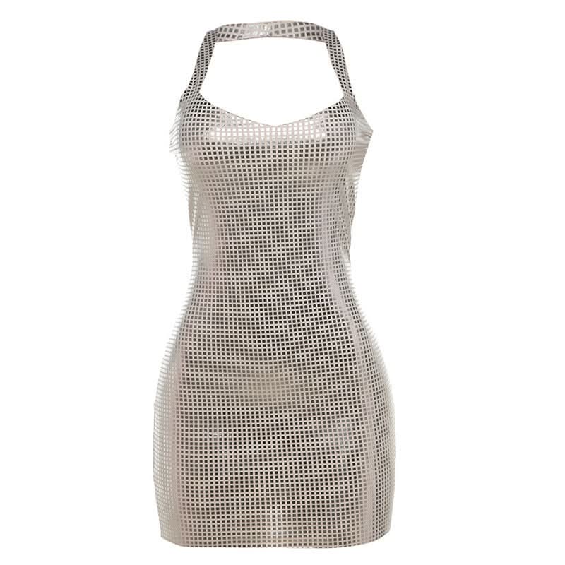 Dazzling Silver Grid Halter Mini Dress - Your Sparkle & Party Season Essential