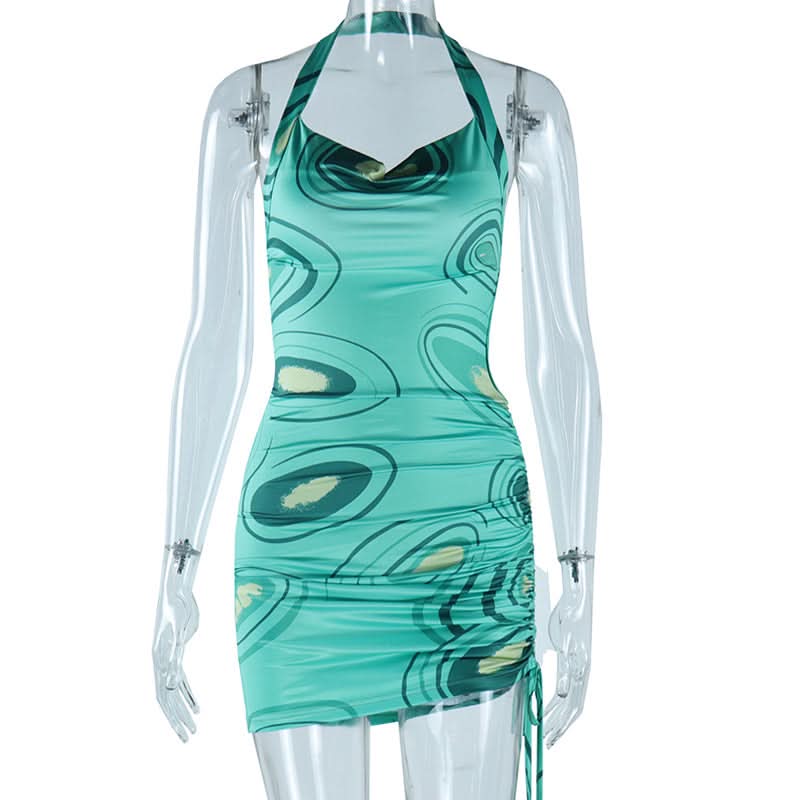 Chic Teal Swirl Print Halter Cowl Neck Ruched Mini Dress – Perfect for Fall Parties & Nights Out