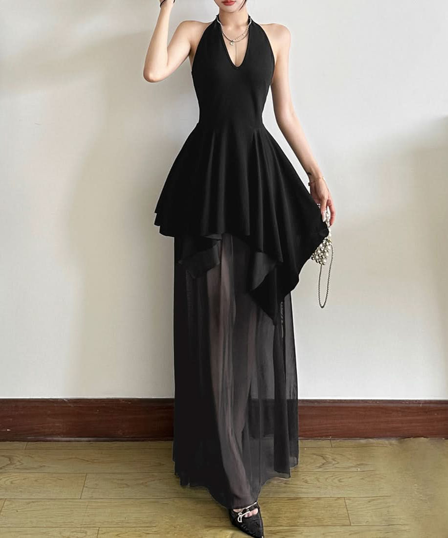 Chic Halter V-Neck Black Sheer Maxi Dress - Your Go-To for Holiday Parties & Evening Glamour