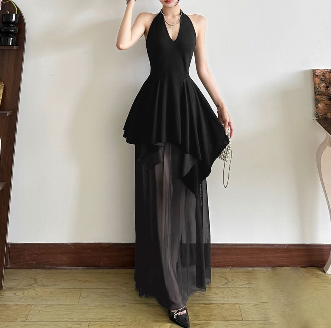 Chic Halter V-Neck Black Sheer Maxi Dress - Your Go-To for Holiday Parties & Evening Glamour