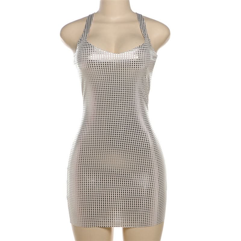 Dazzling Silver Grid Halter Mini Dress - Your Sparkle & Party Season Essential