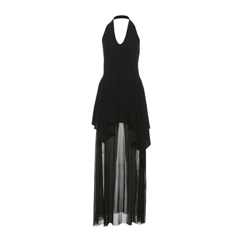 Chic Halter V-Neck Black Sheer Maxi Dress - Your Go-To for Holiday Parties & Evening Glamour