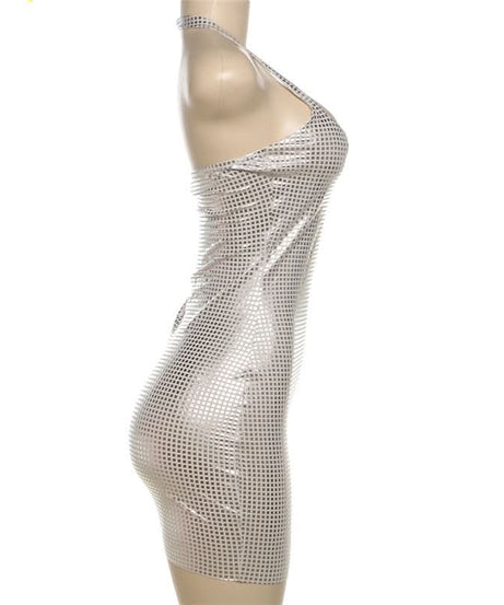 Dazzling Silver Grid Halter Mini Dress - Your Sparkle & Party Season Essential