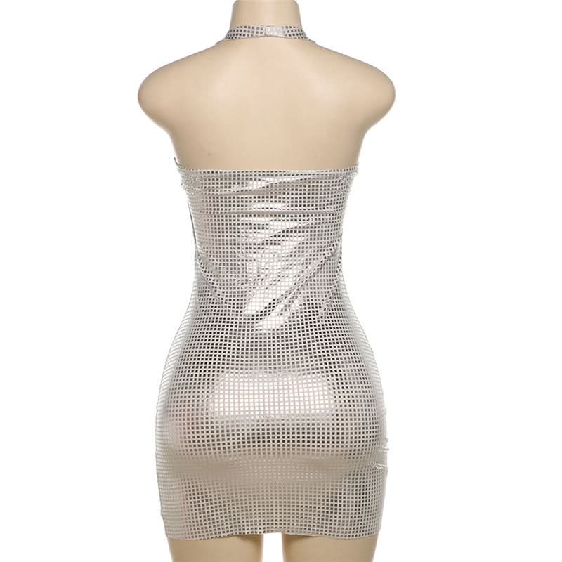 Dazzling Silver Grid Halter Mini Dress - Your Sparkle & Party Season Essential