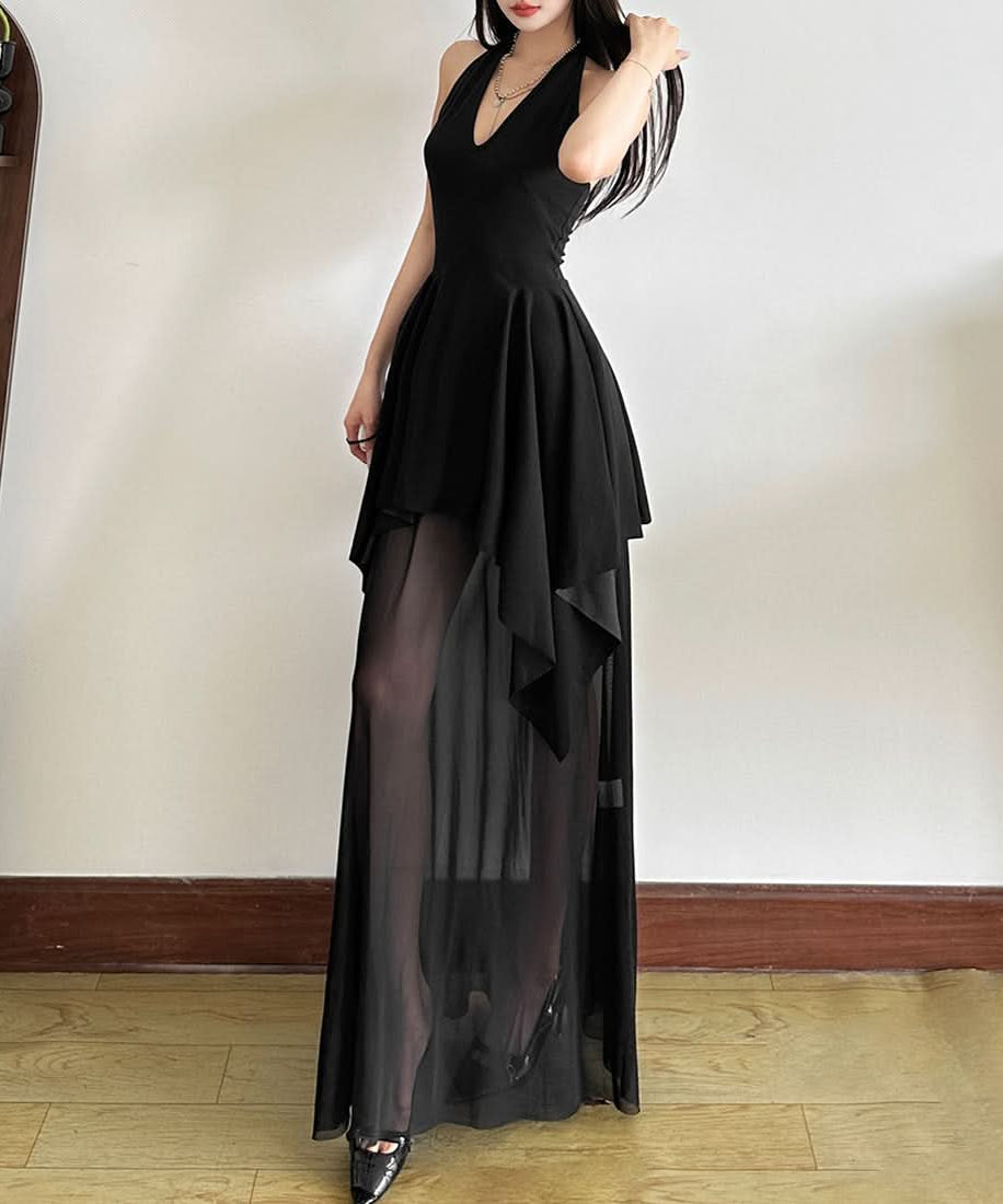 Chic Halter V-Neck Black Sheer Maxi Dress - Your Go-To for Holiday Parties & Evening Glamour