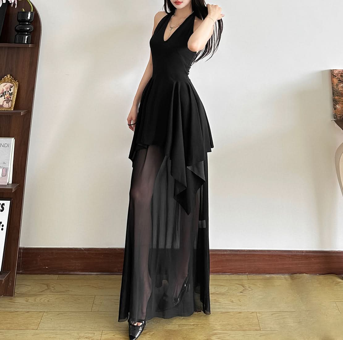 Chic Halter V-Neck Black Sheer Maxi Dress - Your Go-To for Holiday Parties & Evening Glamour
