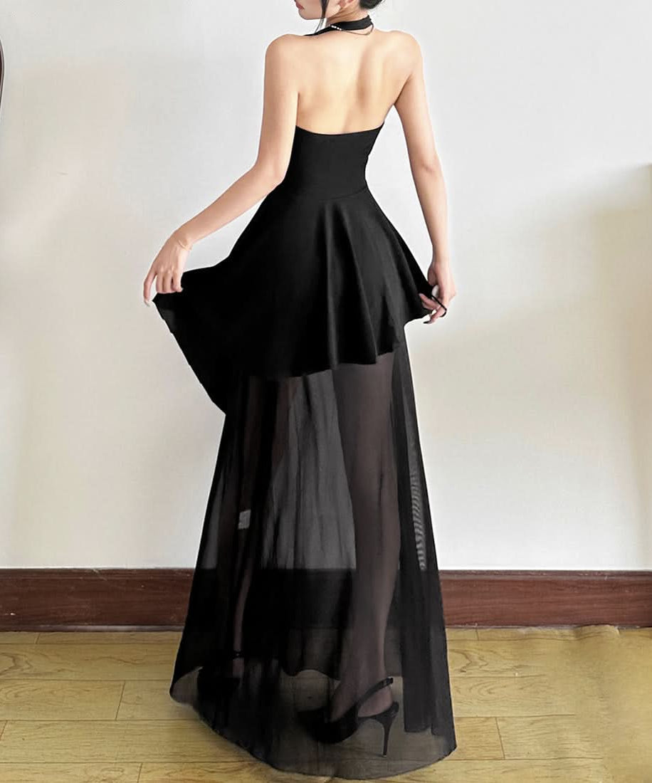 Chic Halter V-Neck Black Sheer Maxi Dress - Your Go-To for Holiday Parties & Evening Glamour