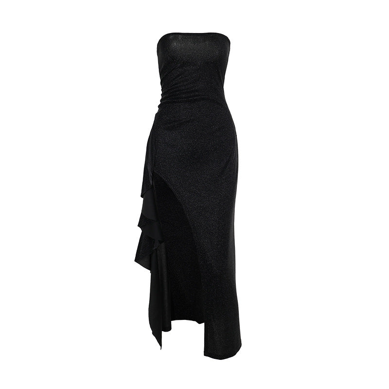 Dazzling Black Sparkle Strapless Maxi Dress with High Slit & Ruffles | Holiday & NYE Glamour