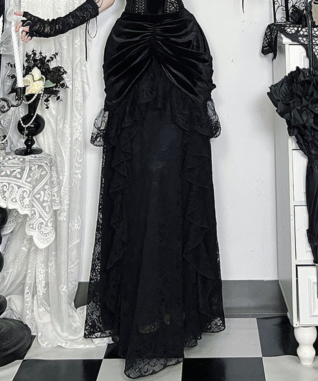 Enchanting Black Velvet & Lace Maxi Skirt - Gothic Elegance for Fall & Halloween