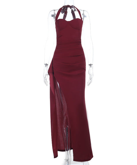 Stunning Burgundy Halter Maxi Dress with High Slit & Ruched Detail – Your Perfect Fall & Holiday Party Statement