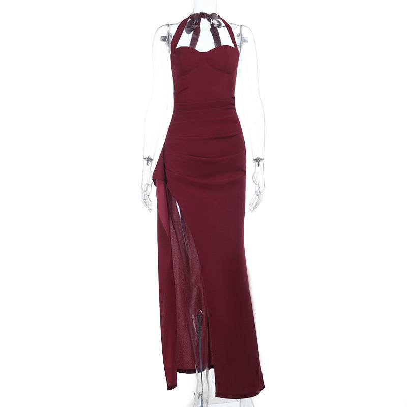 Stunning Burgundy Halter Maxi Dress with High Slit & Ruched Detail – Your Perfect Fall & Holiday Party Statement