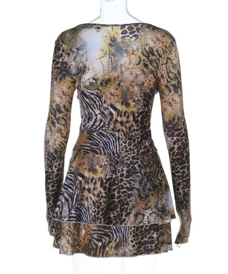 Fierce Fall Fashion: V-Neck Long Sleeve Mixed Animal Print Ruffle Mini Dress
