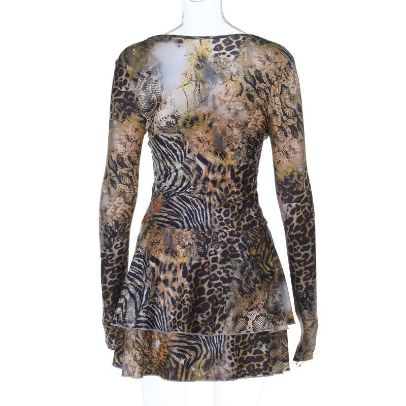 Fierce Fall Fashion: V-Neck Long Sleeve Mixed Animal Print Ruffle Mini Dress