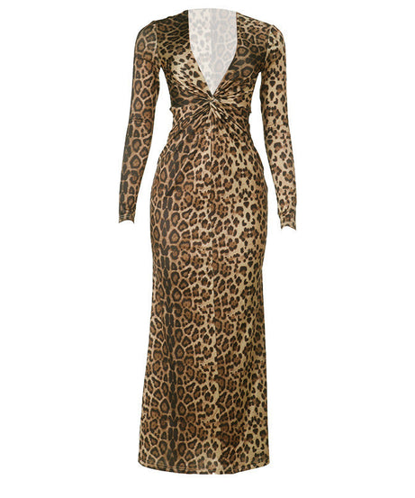 Fall Glamour: Twisted Front Leopard Print Maxi Dress - V-Neck Long Sleeve for Women