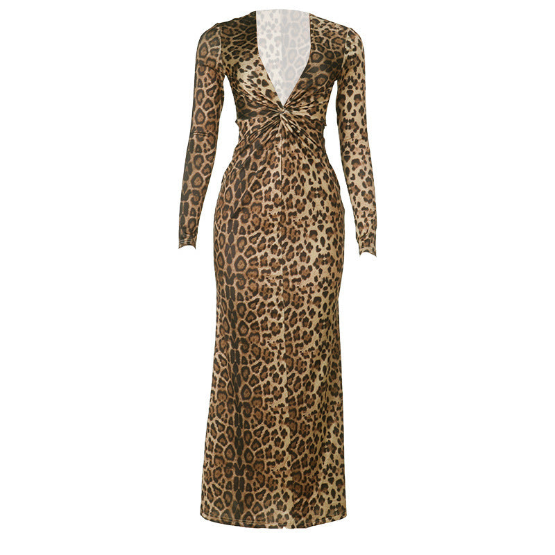 Fall Glamour: Twisted Front Leopard Print Maxi Dress - V-Neck Long Sleeve for Women