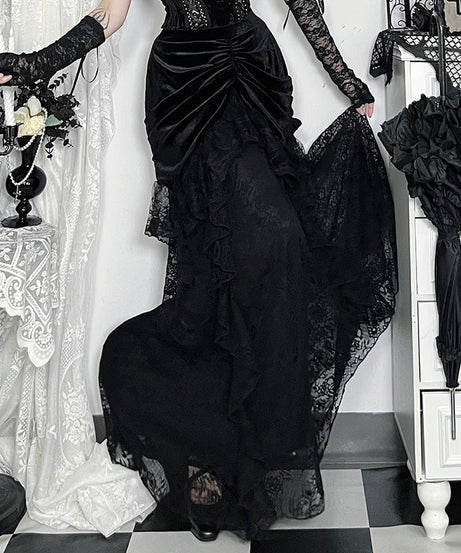 Enchanting Black Velvet & Lace Maxi Skirt - Gothic Elegance for Fall & Halloween
