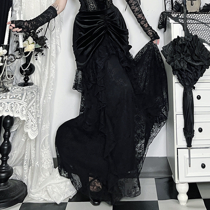 Enchanting Black Velvet & Lace Maxi Skirt - Gothic Elegance for Fall & Halloween