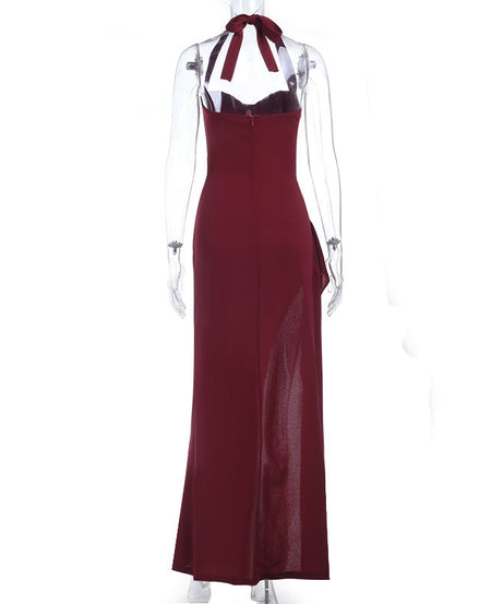 Stunning Burgundy Halter Maxi Dress with High Slit & Ruched Detail – Your Perfect Fall & Holiday Party Statement
