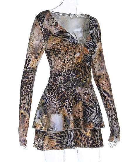 Fierce Fall Fashion: V-Neck Long Sleeve Mixed Animal Print Ruffle Mini Dress