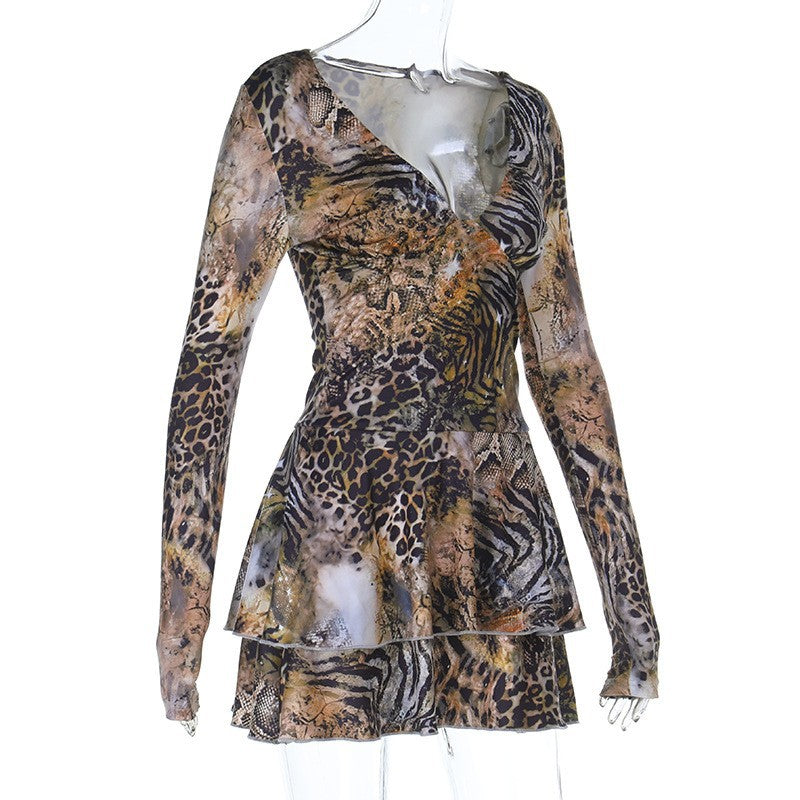 Fierce Fall Fashion: V-Neck Long Sleeve Mixed Animal Print Ruffle Mini Dress