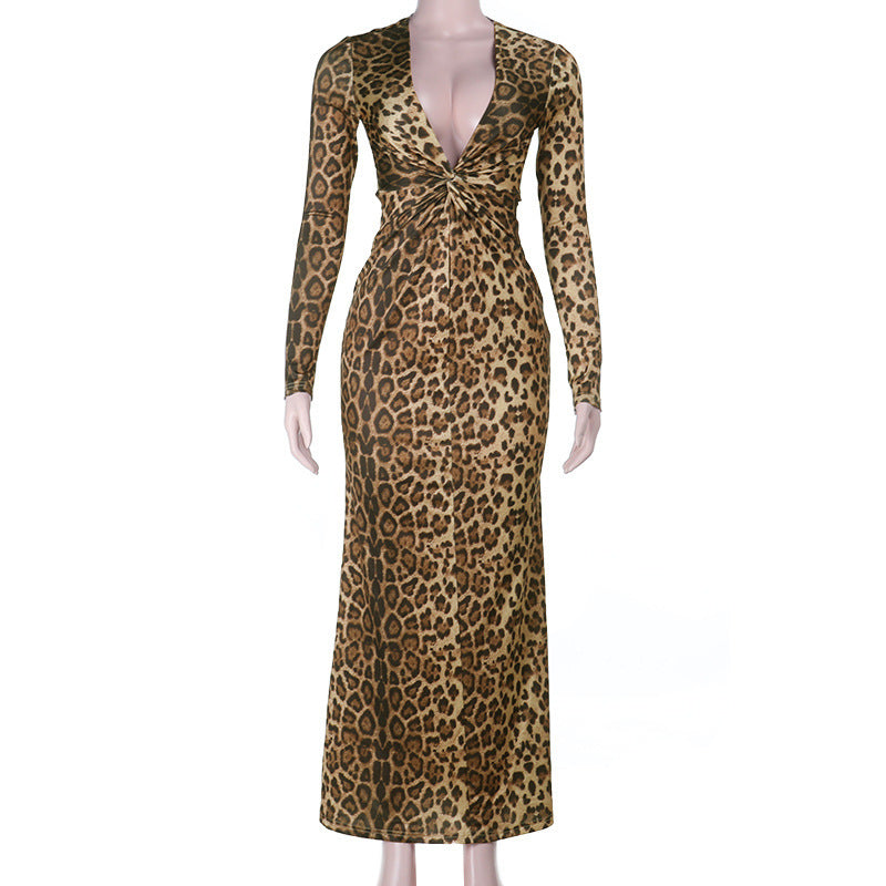 Fall Glamour: Twisted Front Leopard Print Maxi Dress - V-Neck Long Sleeve for Women