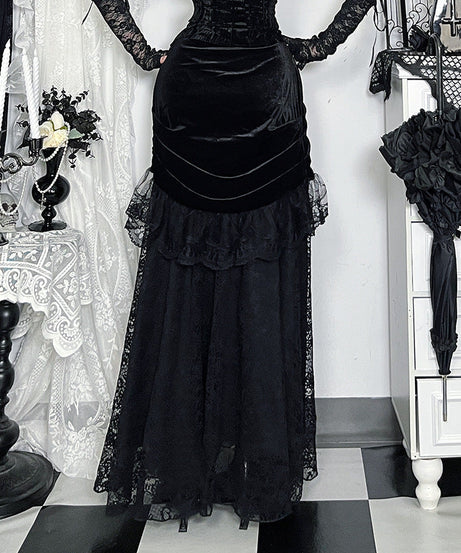 Enchanting Black Velvet & Lace Maxi Skirt - Gothic Elegance for Fall & Halloween