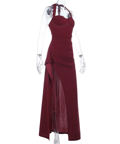 Stunning Burgundy Halter Maxi Dress with High Slit & Ruched Detail – Your Perfect Fall & Holiday Party Statement