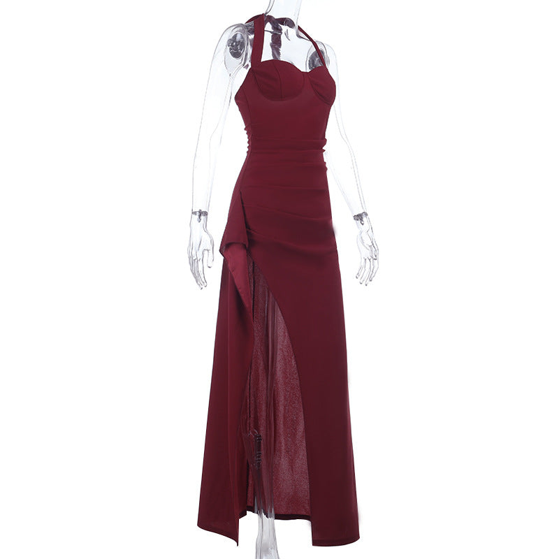 Stunning Burgundy Halter Maxi Dress with High Slit & Ruched Detail – Your Perfect Fall & Holiday Party Statement