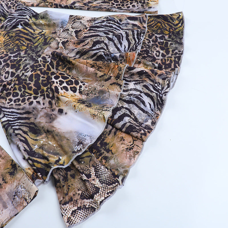 Fierce Fall Fashion: V-Neck Long Sleeve Mixed Animal Print Ruffle Mini Dress