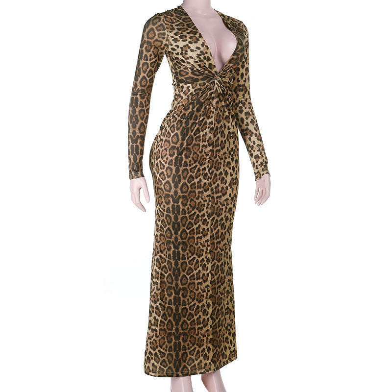 Fall Glamour: Twisted Front Leopard Print Maxi Dress - V-Neck Long Sleeve for Women